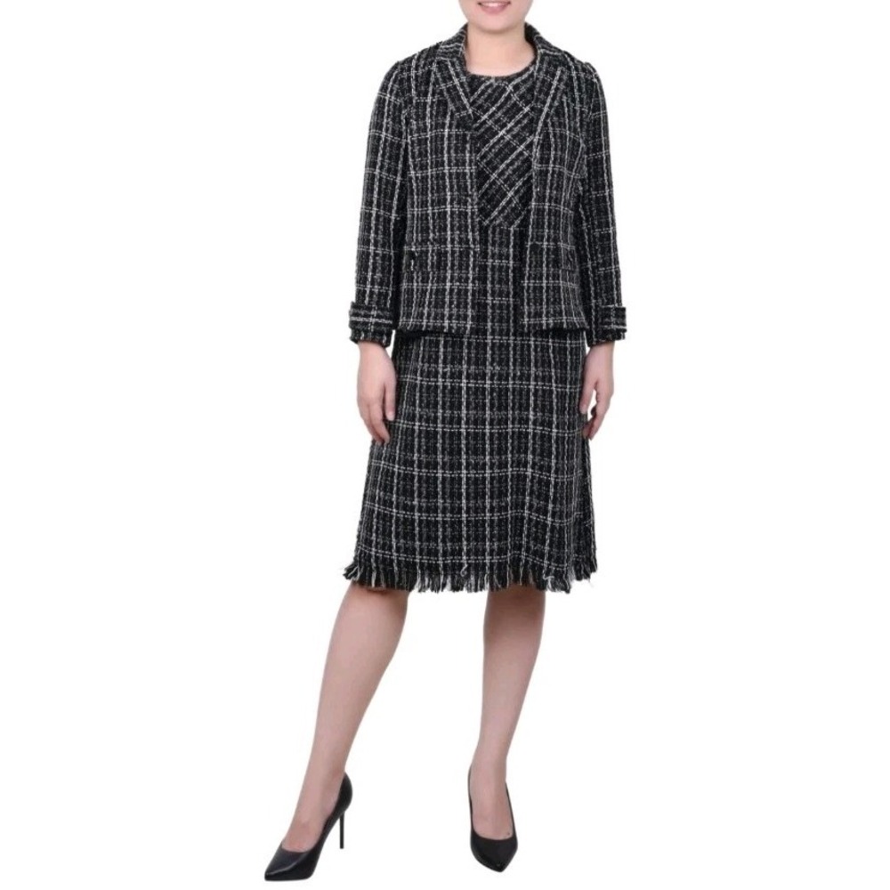 NY Collection Womens 2 Piece Tweed Dress Suit, In Black,White Medium